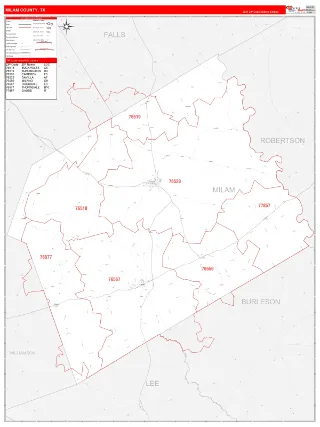 Milam County, TX RedLine style ZIP Code wall map
