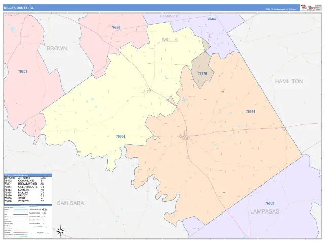 Mills County, TX ZIP Code Wall Map, ColorCast style