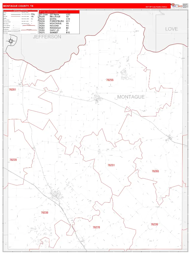 Montague County, TX ZIP Code Wall Map, RedLine style