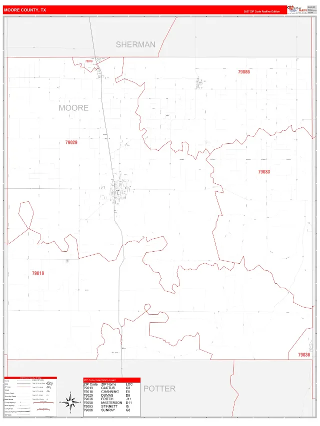 Moore County, TX ZIP Code Wall Map, RedLine style