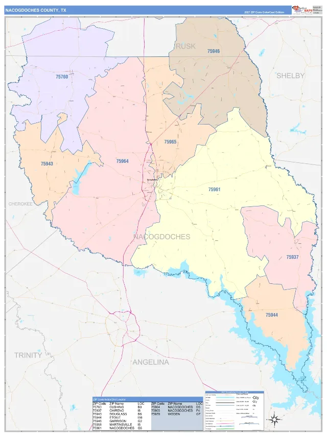 Nacogdoches County, TX ZIP Code Wall Map, ColorCast style