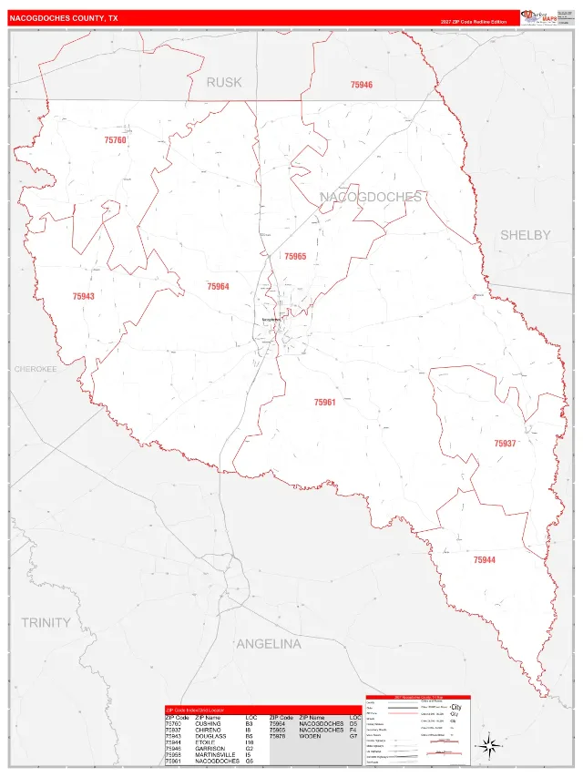Nacogdoches County, TX ZIP Code Wall Map, RedLine style