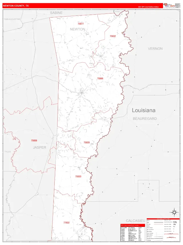Newton County, TX ZIP Code Wall Map, RedLine style