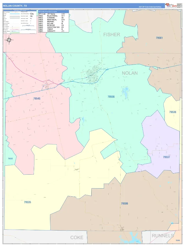 Nolan County, TX ZIP Code Wall Map, ColorCast style