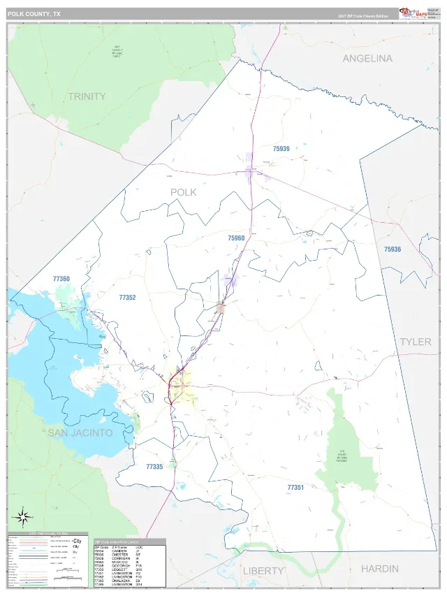 Polk County, TX ZIP Code Wall Map, Classic style