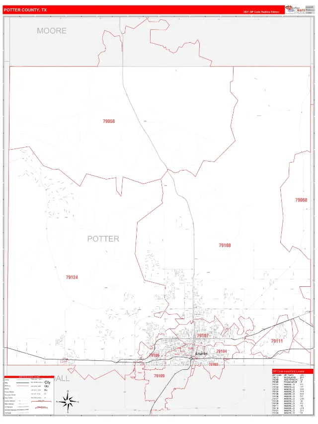 Potter County, TX ZIP Code Wall Map, RedLine style