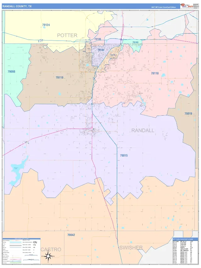 Randall County, TX ZIP Code Wall Map, ColorCast style