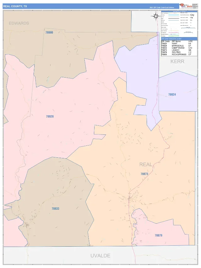 Real County, TX ZIP Code Wall Map, ColorCast style