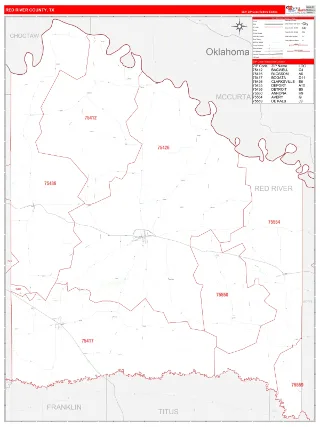 Red River County, TX RedLine style ZIP Code wall map