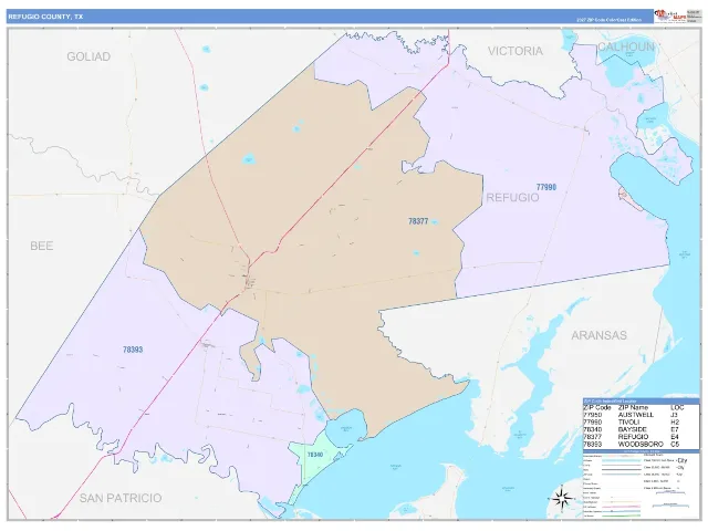 Refugio County, TX ZIP Code Wall Map, ColorCast style