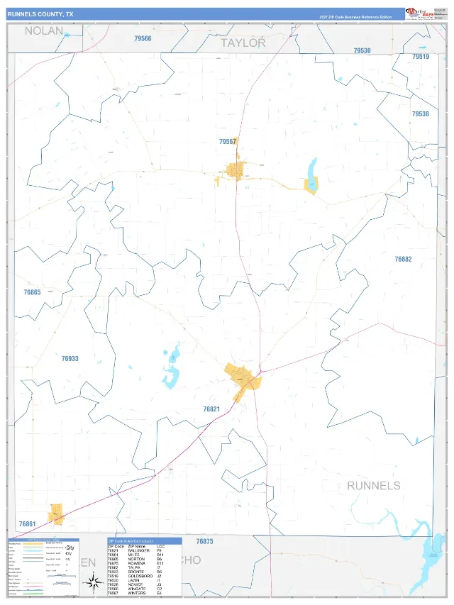 Runnels County, TX ZIP Code Wall Map, Business Reference style