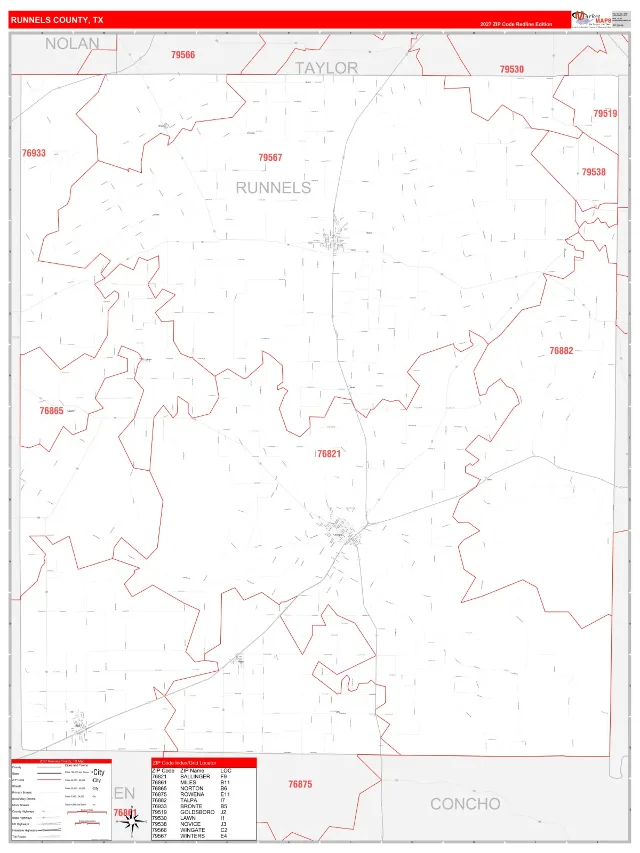Runnels County, TX ZIP Code Wall Map, RedLine style