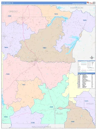 Rusk County, TX ColorCast style ZIP Code wall map