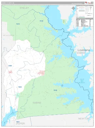 Sabine County, TX Classic style ZIP Code wall map