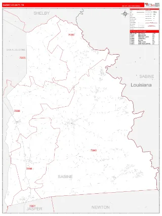 Sabine County, TX RedLine style ZIP Code wall map