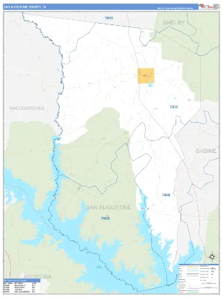 San Augustine County, TX Business Reference style ZIP Code wall map