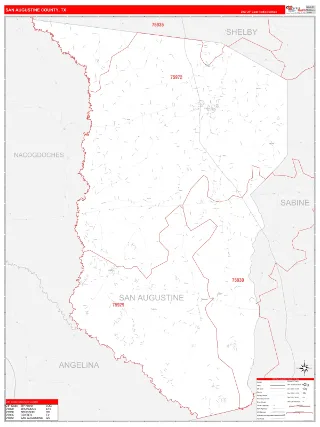 San Augustine County, TX RedLine style ZIP Code wall map