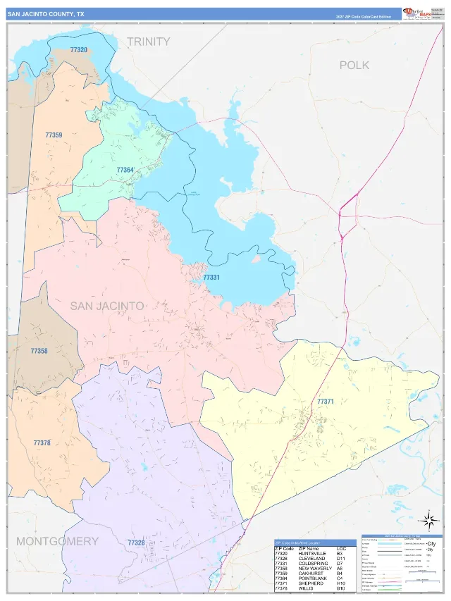 San Jacinto County, TX ZIP Code Wall Map, ColorCast style