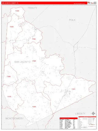 San Jacinto County, TX RedLine style ZIP Code wall map