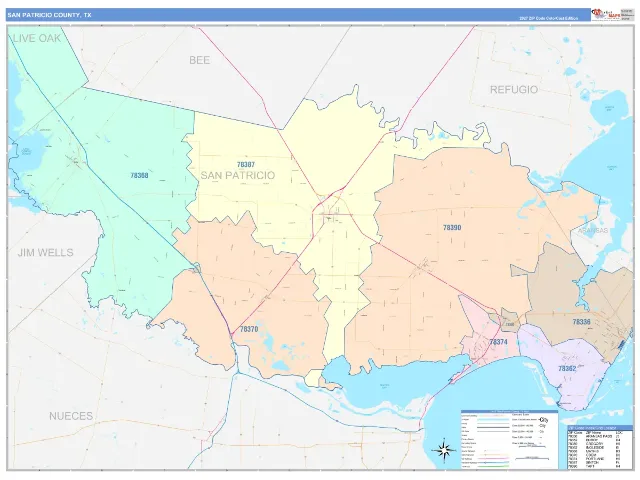 San Patricio County, TX ZIP Code Wall Map, ColorCast style