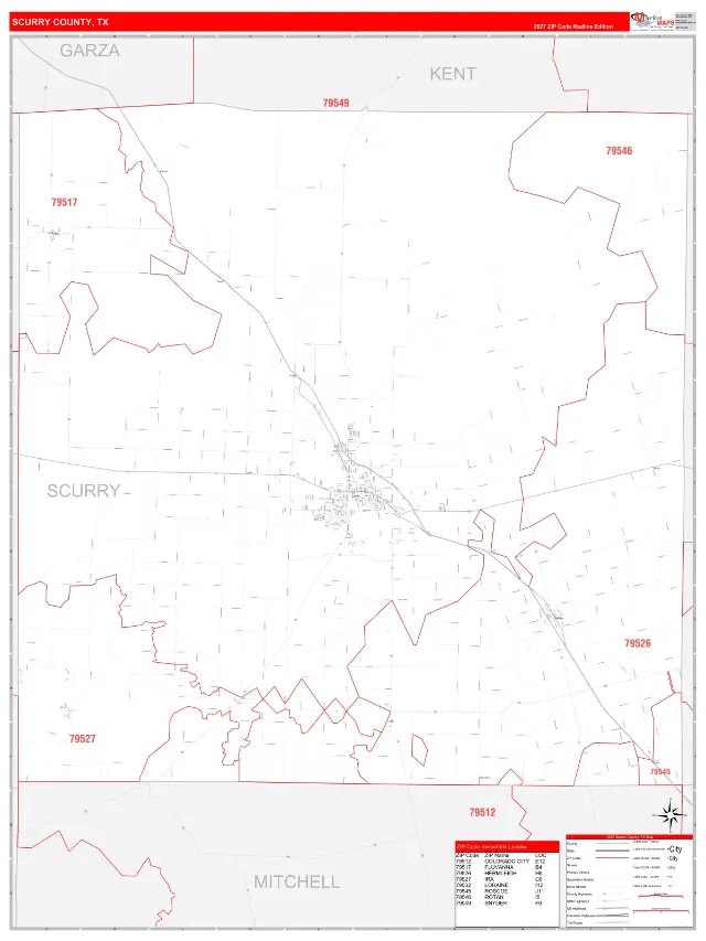 Scurry County, TX ZIP Code Wall Map, RedLine style