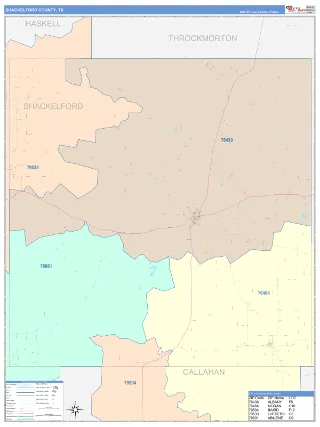 Shackelford County, TX ColorCast style ZIP Code wall map