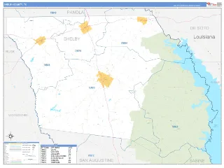 Shelby County, TX Business Reference style ZIP Code wall map
