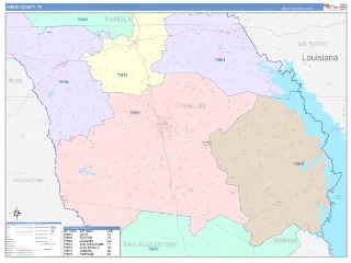 Shelby County, TX ColorCast style ZIP Code wall map
