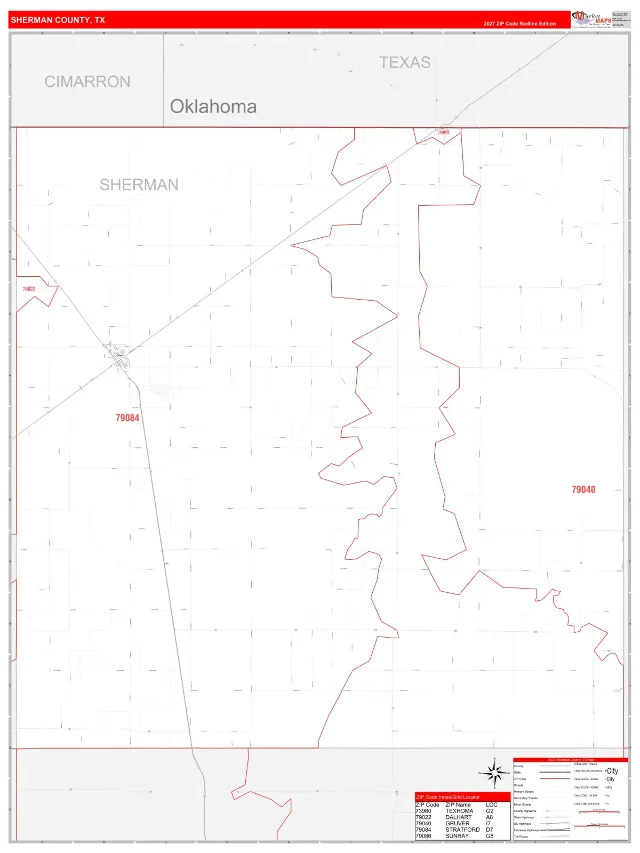 Sherman County, TX ZIP Code Wall Map, RedLine style