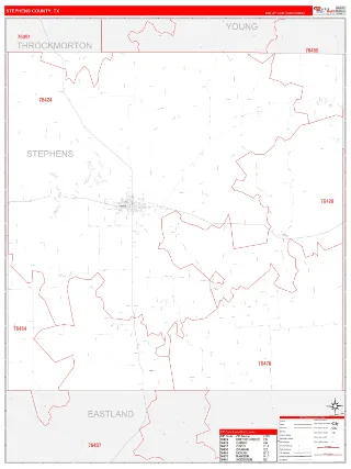Stephens County, TX RedLine style ZIP Code wall map