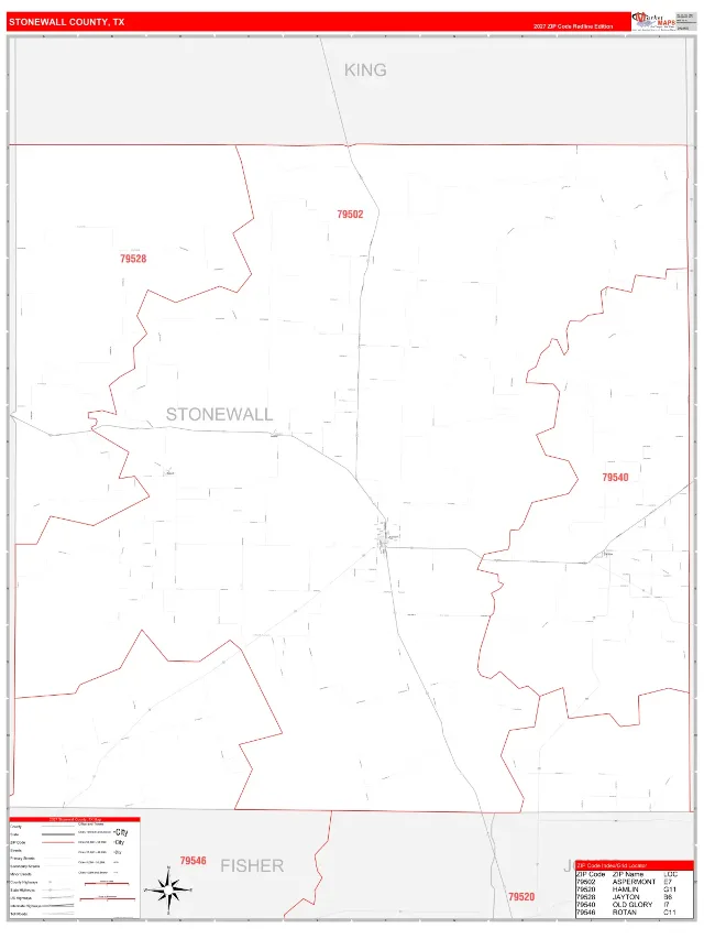 Stonewall County, TX ZIP Code Wall Map, RedLine style