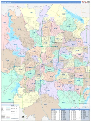 Tarrant County, TX ColorCast style ZIP Code wall map