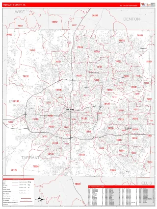 Tarrant County, TX RedLine style ZIP Code wall map