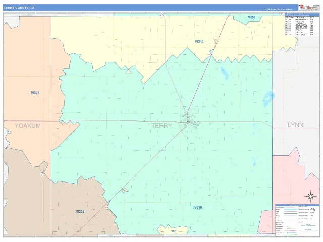 Terry County, TX ZIP Code Wall Map, ColorCast style