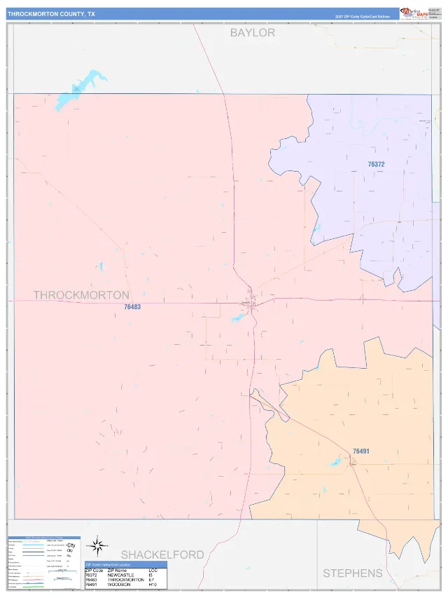 Throckmorton County, TX ZIP Code Wall Map, ColorCast style