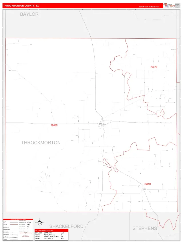 Throckmorton County, TX ZIP Code Wall Map, RedLine style