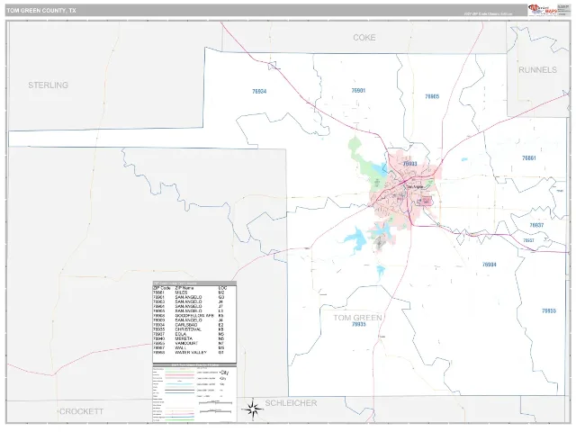 Tom Green County, TX ZIP Code Wall Map, Classic style