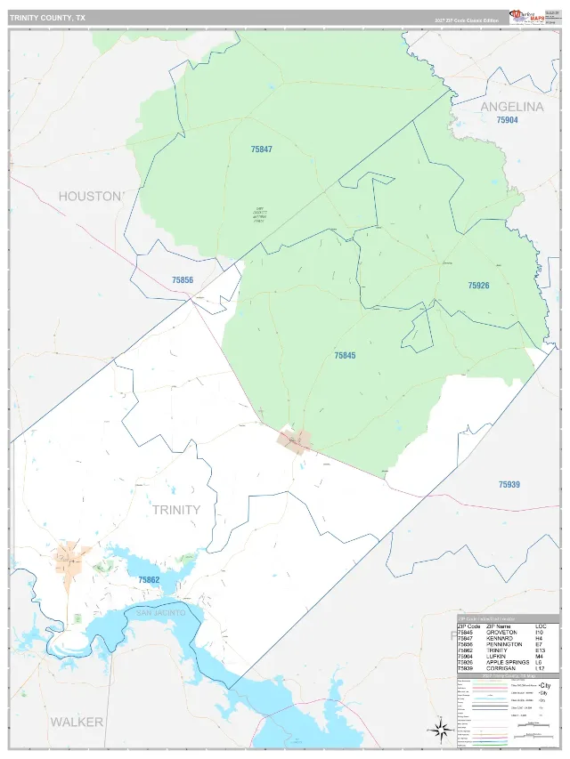 Trinity County, TX ZIP Code Wall Map, Classic style