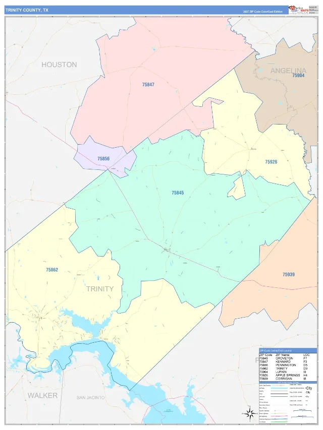 Trinity County, TX ZIP Code Wall Map, ColorCast style