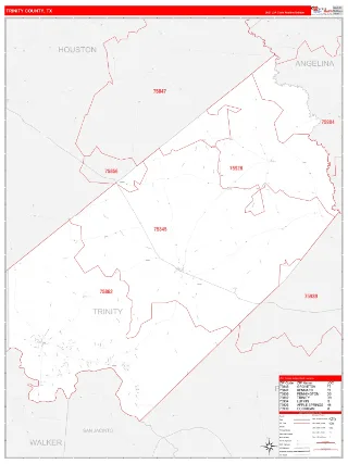Trinity County, TX RedLine style ZIP Code wall map