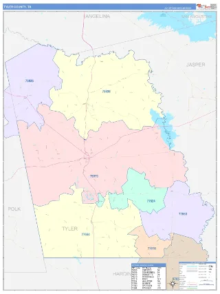 Tyler County, TX ColorCast style ZIP Code wall map