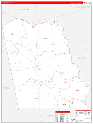 Tyler County, TX RedLine style ZIP Code wall map