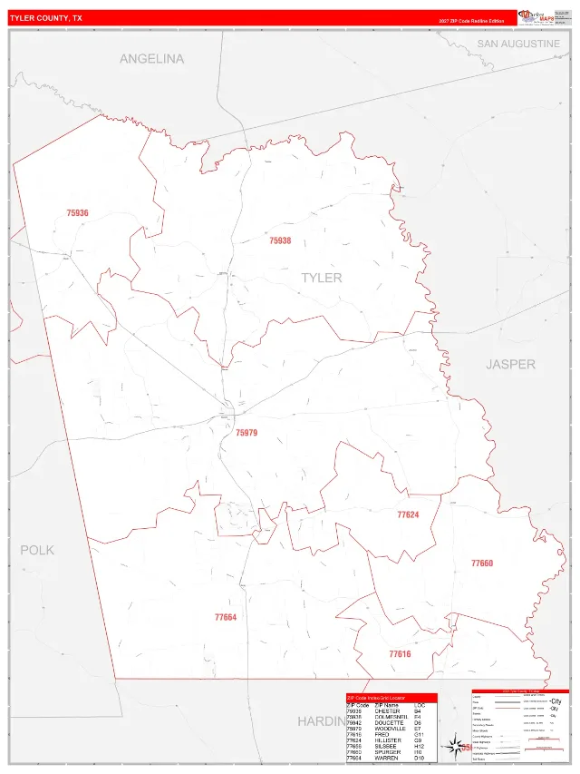 Tyler County, TX ZIP Code Wall Map, RedLine style