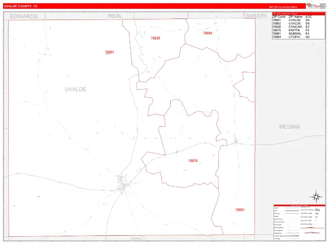 Uvalde County, TX ZIP Code Wall Map, RedLine style