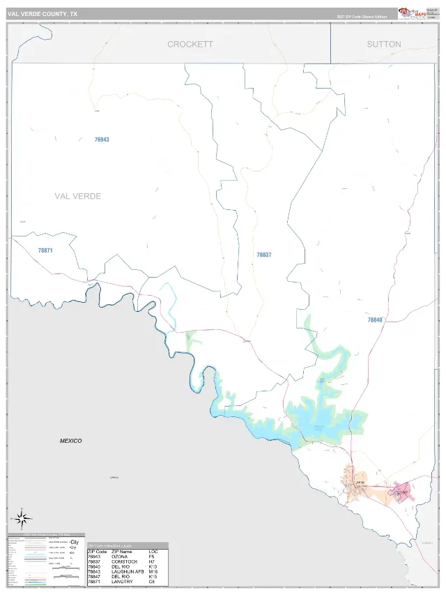 Val Verde County, TX ZIP Code Wall Map, Classic style