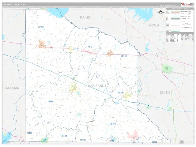 Van Zandt County, TX ZIP Code Wall Map, Classic style