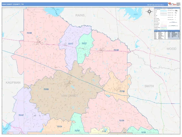 Van Zandt County, TX ZIP Code Wall Map, ColorCast style