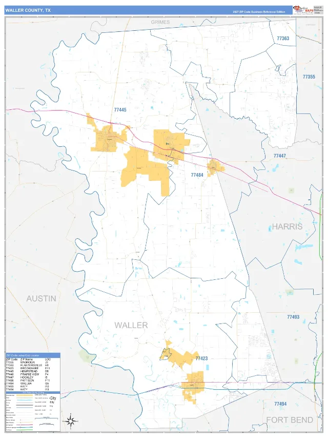 Waller County, TX ZIP Code Wall Map, Business Reference style