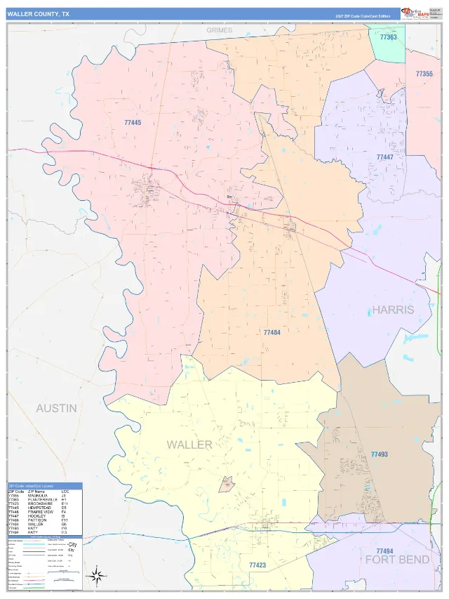 Waller County, TX ZIP Code Wall Map, ColorCast style