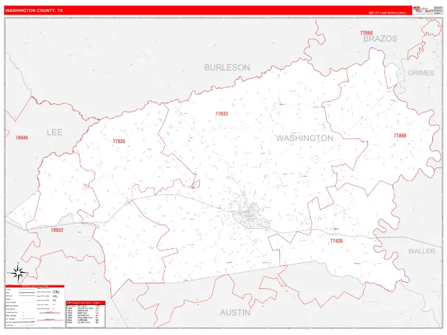 Washington County, TX ZIP Code Wall Map, RedLine style
